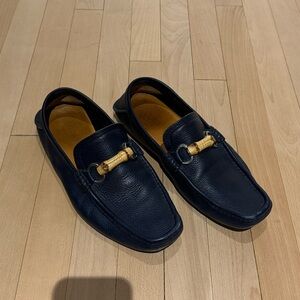 GUCCI BLUE LEATHER BAMBOO BIT LOAFERS FOR SALE